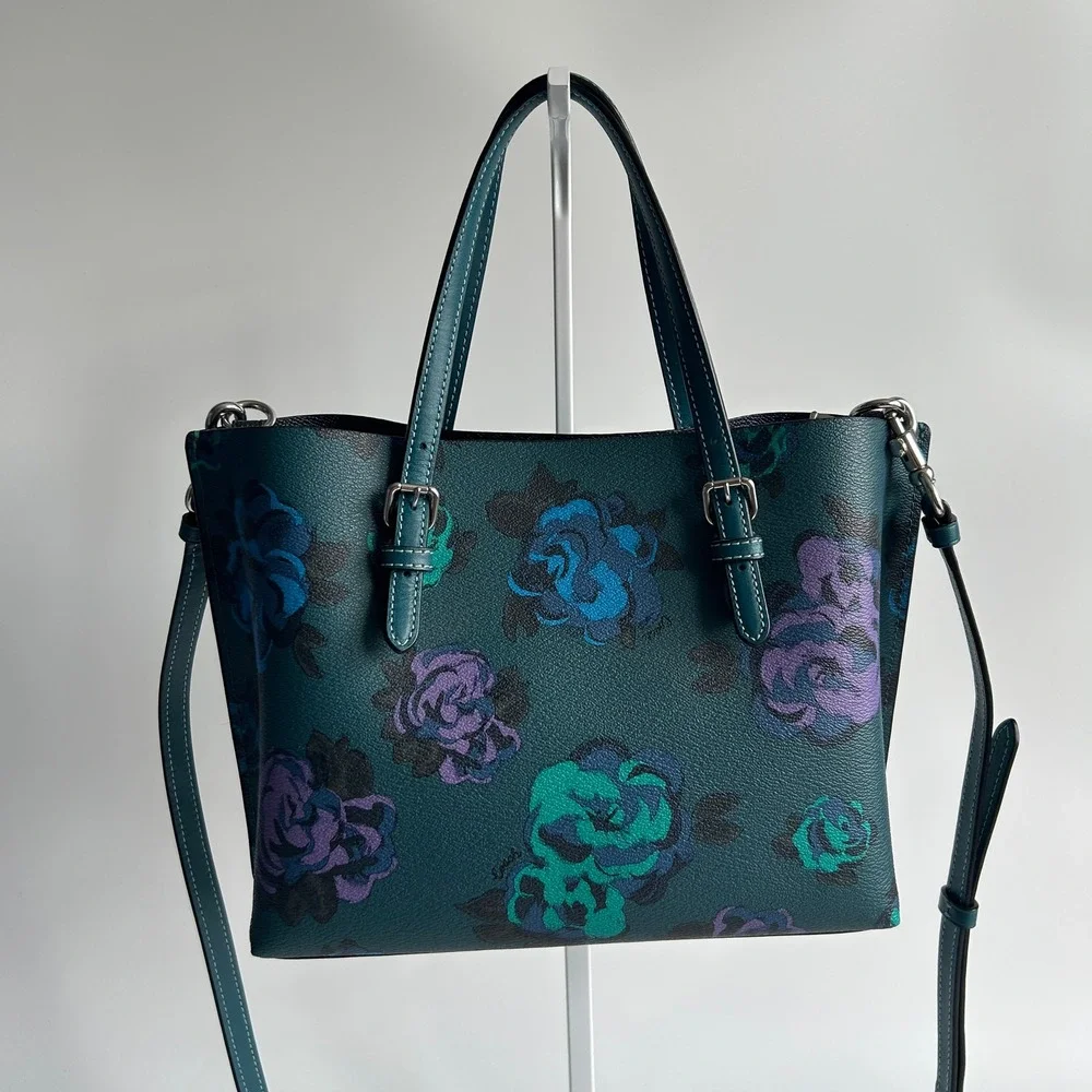 Coach Mollie Tote 25 Teal Jumbo Floral Pebbled Leather Bag CF328 Excellent